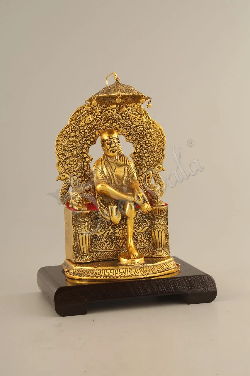 INW-15269 Gold Plated Sai Baba Wooden Base Statue for spiritual home decor