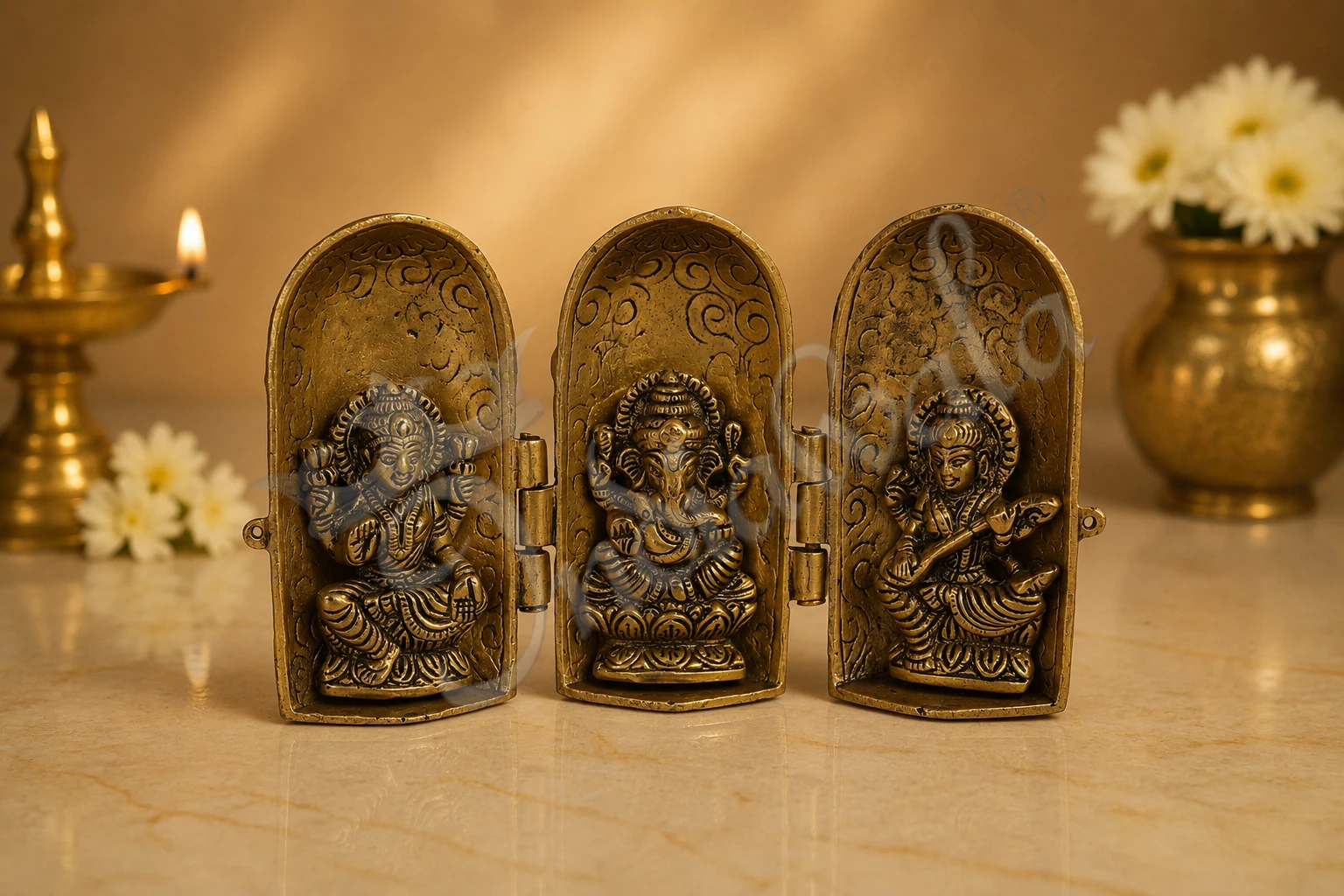 INW-15277 8.25 Inch Gold Plated Lakshmi Ganesh Saraswati Statue in aluminium