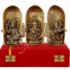 An 8.5 Inch Gold Plated Aluminium Lakshmi Ganesh Saraswati Gift set, presented in a luxurious velvet box.