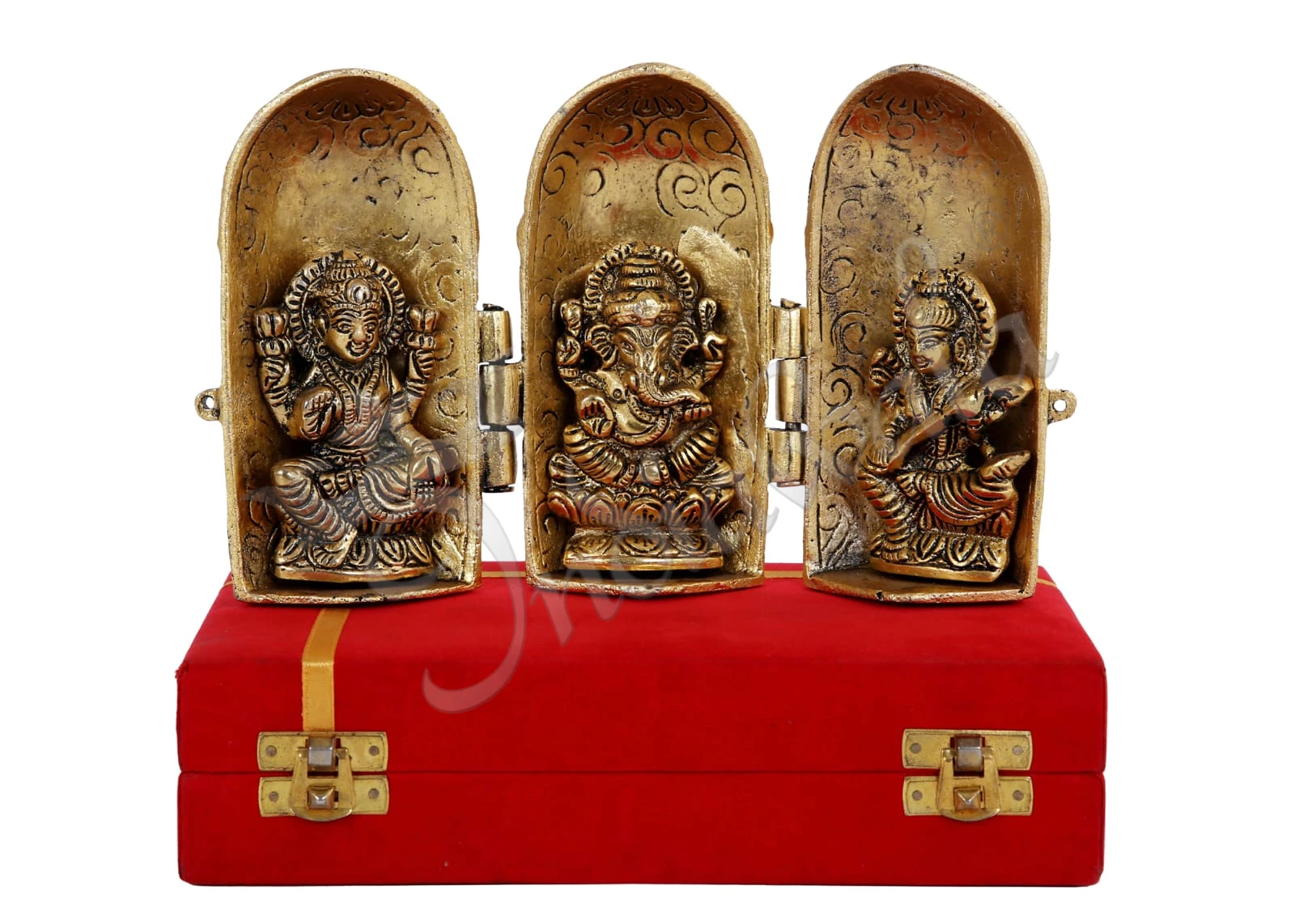 INW-15278-1 An 8.5 Inch Gold Plated Aluminium Lakshmi Ganesh Saraswati Gift set, presented in a luxurious velvet box.