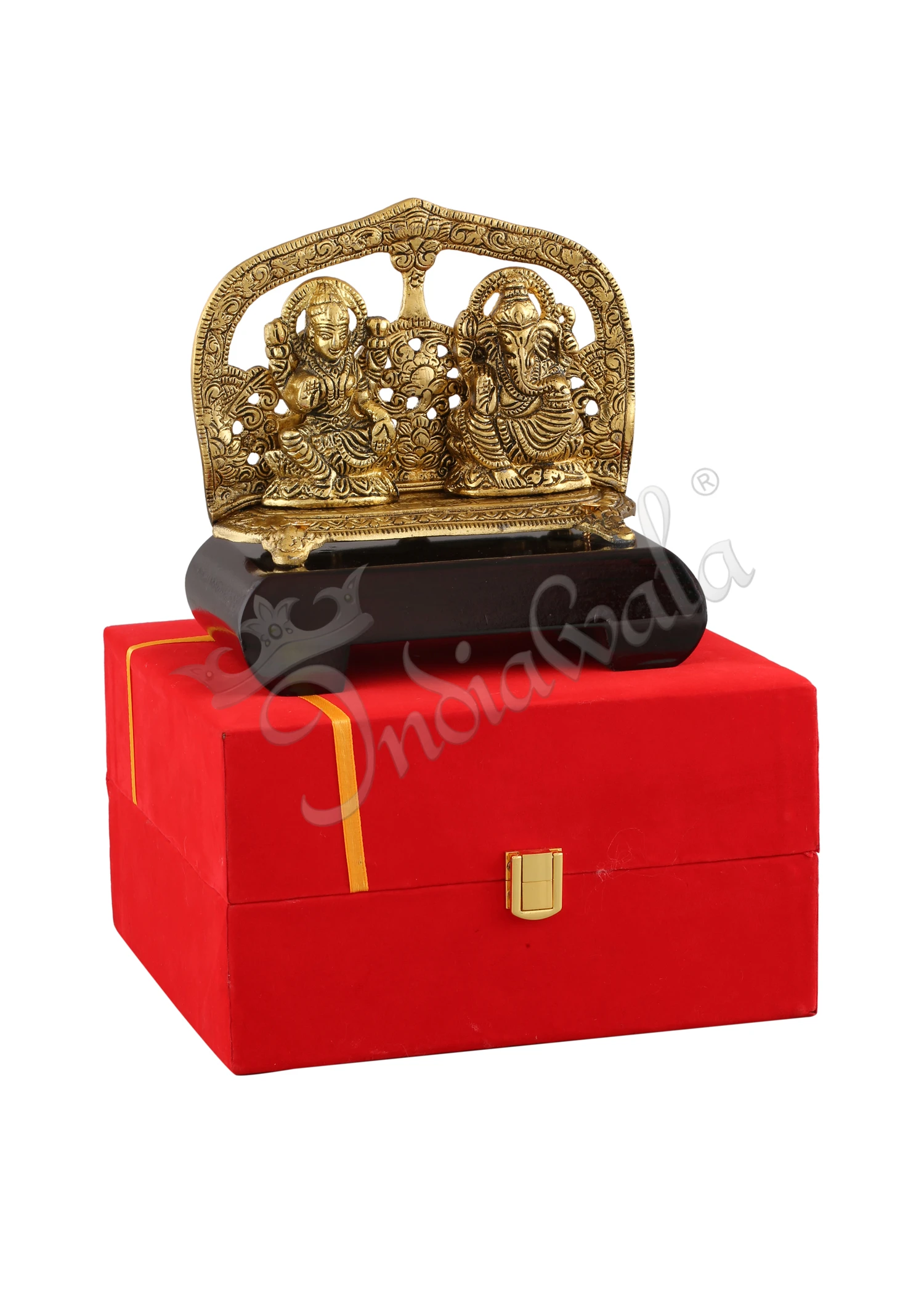 INW-15290-1 Gold Plated Lakshmi Ganesh Idol on a polished wooden base