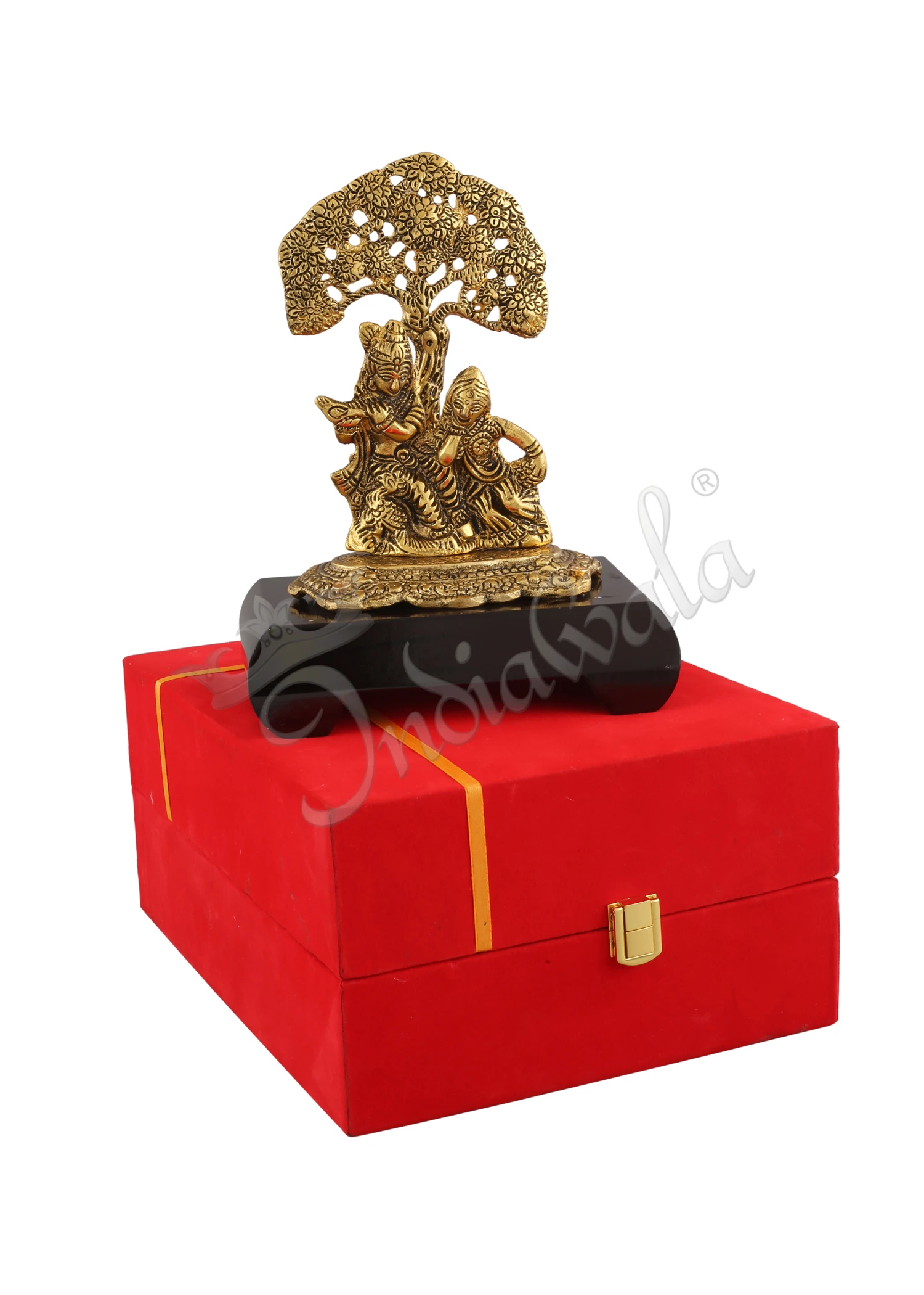 INW-15292-2 Gold plated Aluminium Radha Krishna Tree Idol on a wooden base