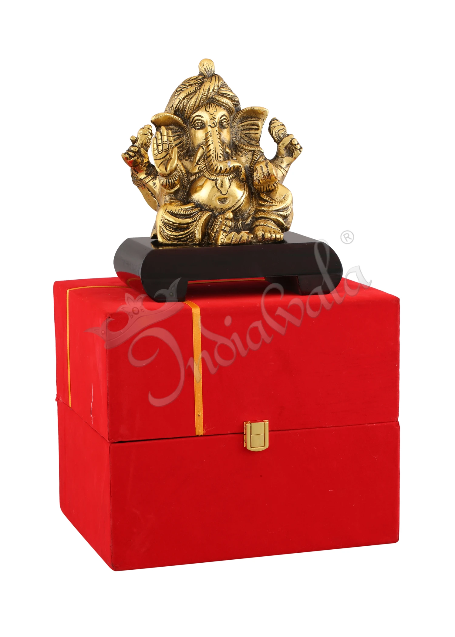 Aluminium Gold Plated Pagdi Ganesh Idol on a wooden base