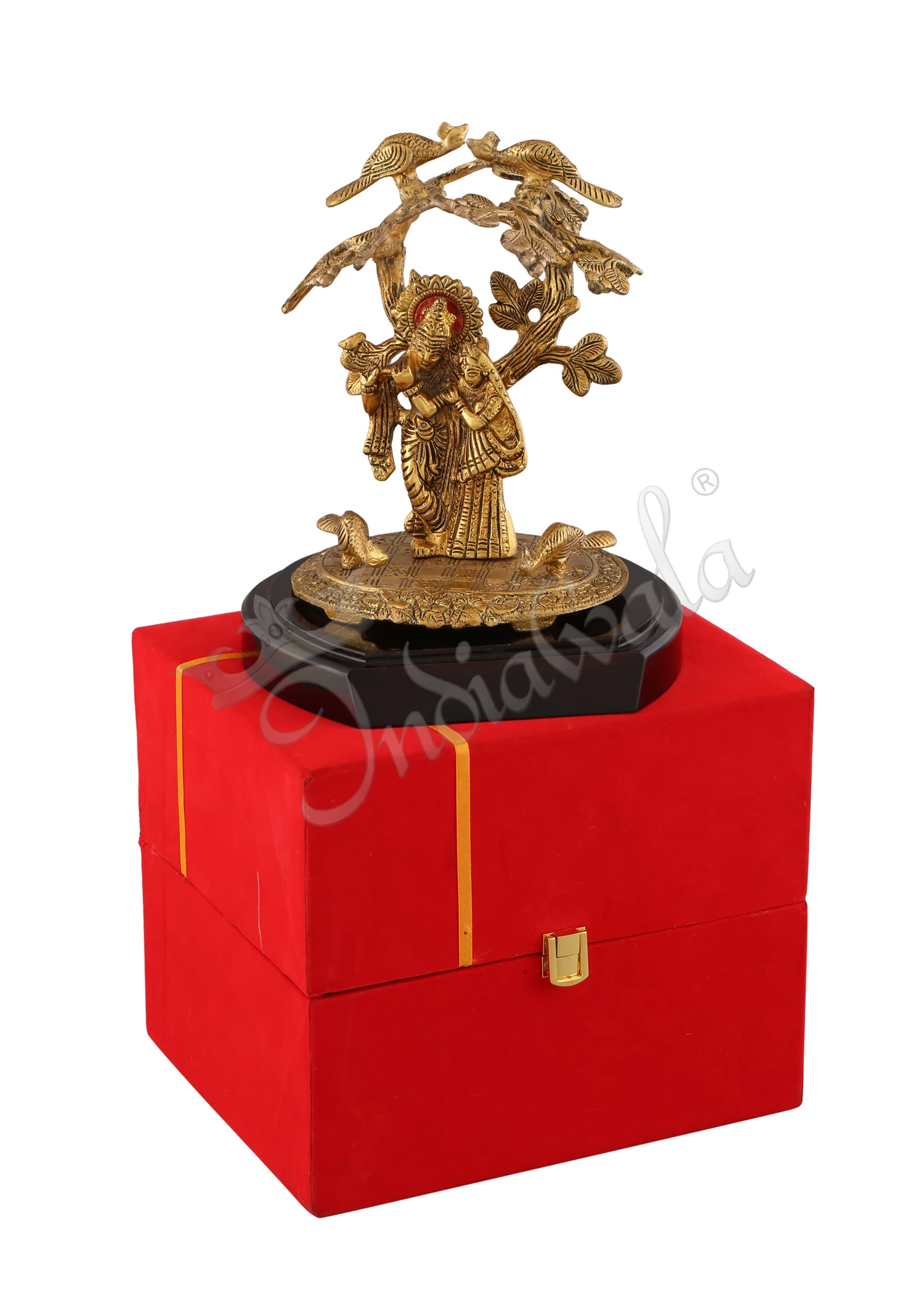 INW-15295-2 Gold Plated Radha Krishna Tree Statue on a wooden base
