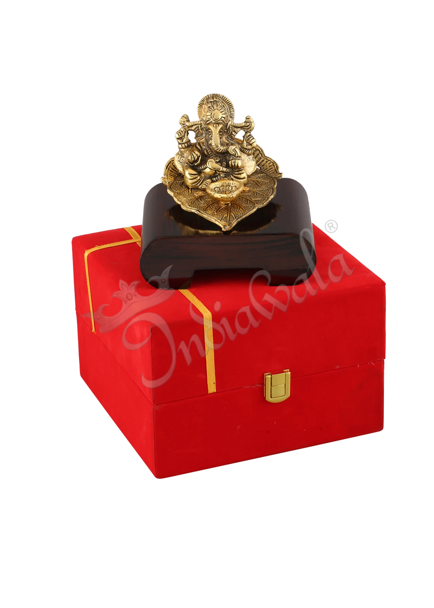 INW-15299-3 Gold Plated Patta Ganesh Diya on Wooden Base in a premium velvet box