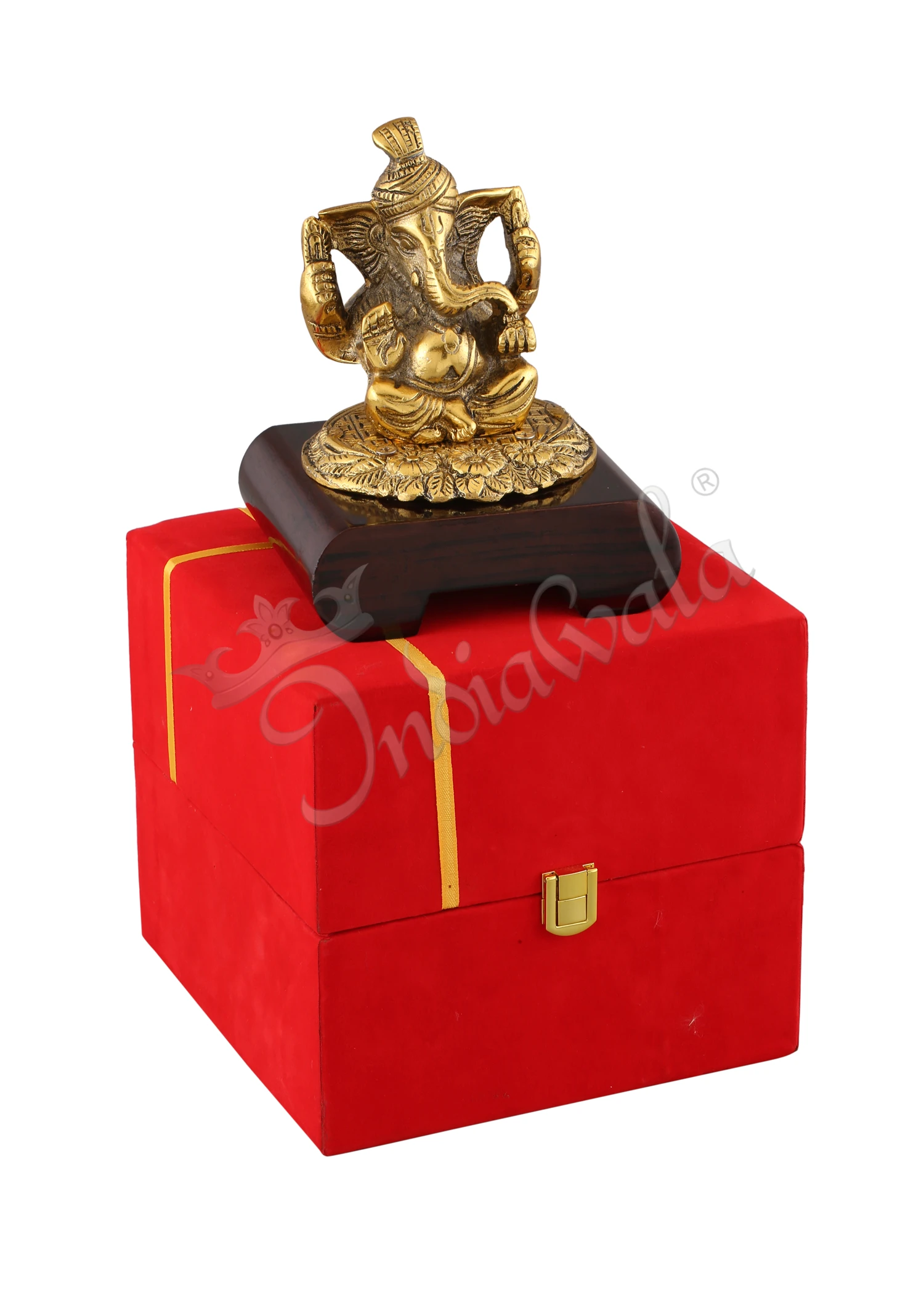 INW-15300-2 Gold Plated Pagdi Ganesh Statue on a premium wooden base