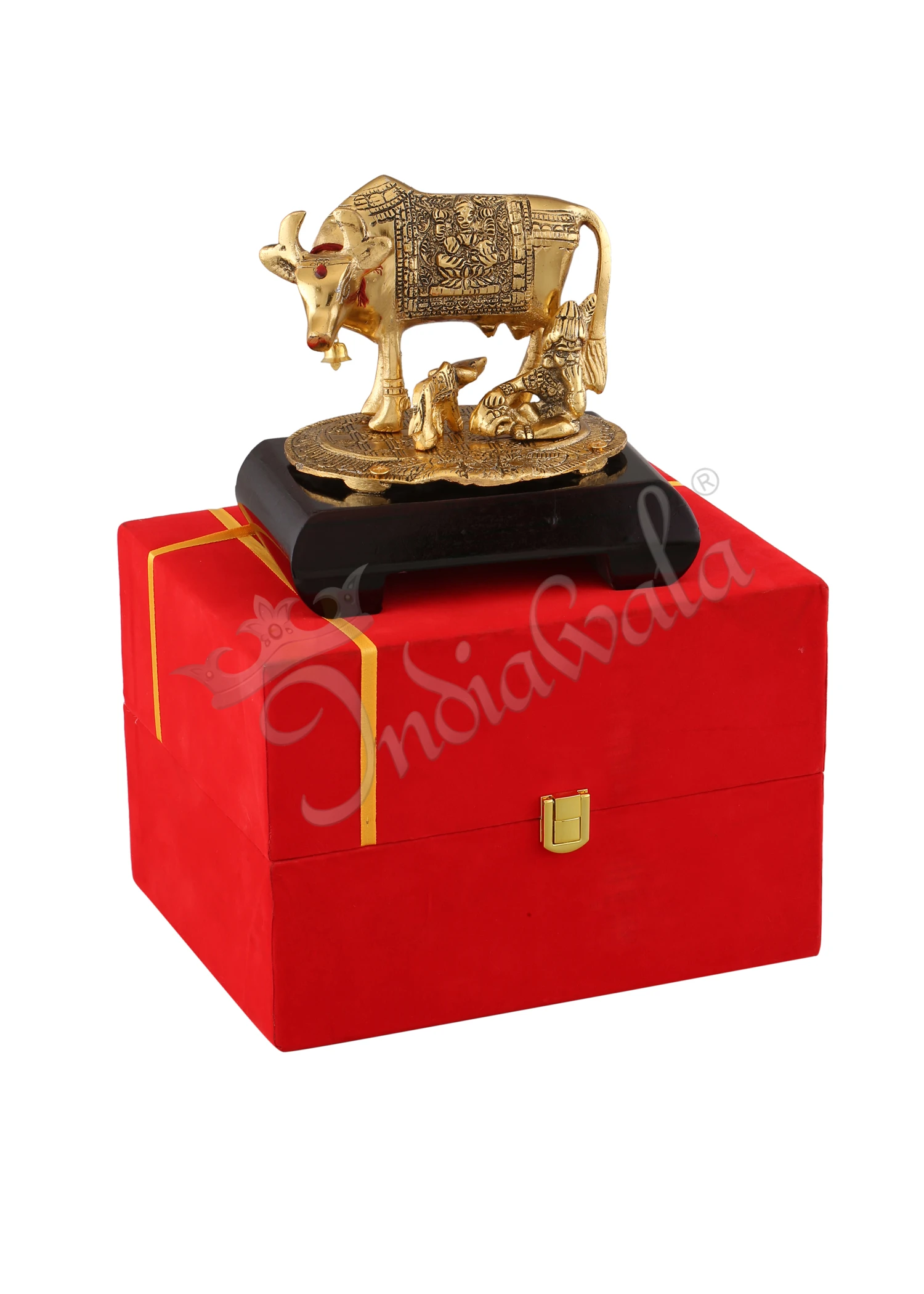 INW-15301 Gold Plated Aluminium Kamdhenu Cow Statue with Laddu Gopal