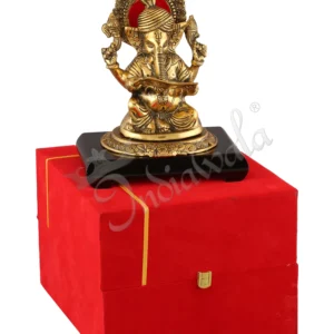 Gold Plated Aluminium Ganesh Statue on Wooden Base