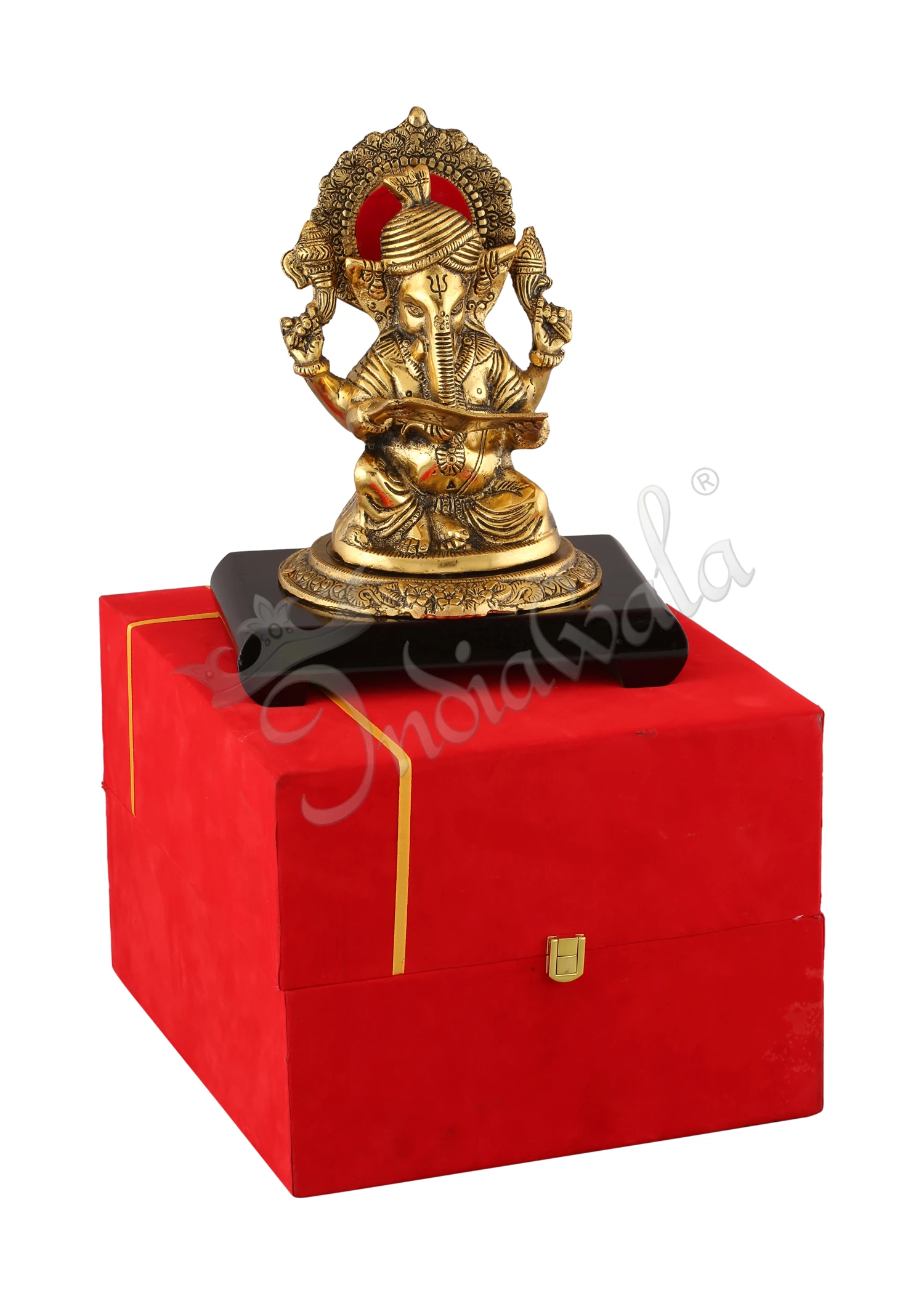 INW-15302-2 Gold Plated Aluminium Ganesh Statue on Wooden Base
