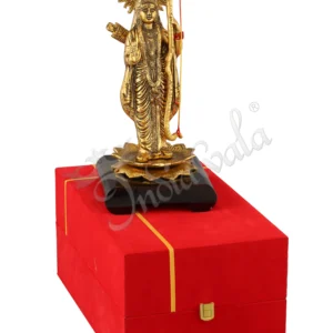 14 Inch Gold Plated Aluminium Ram Ji Statue on a dark wooden base