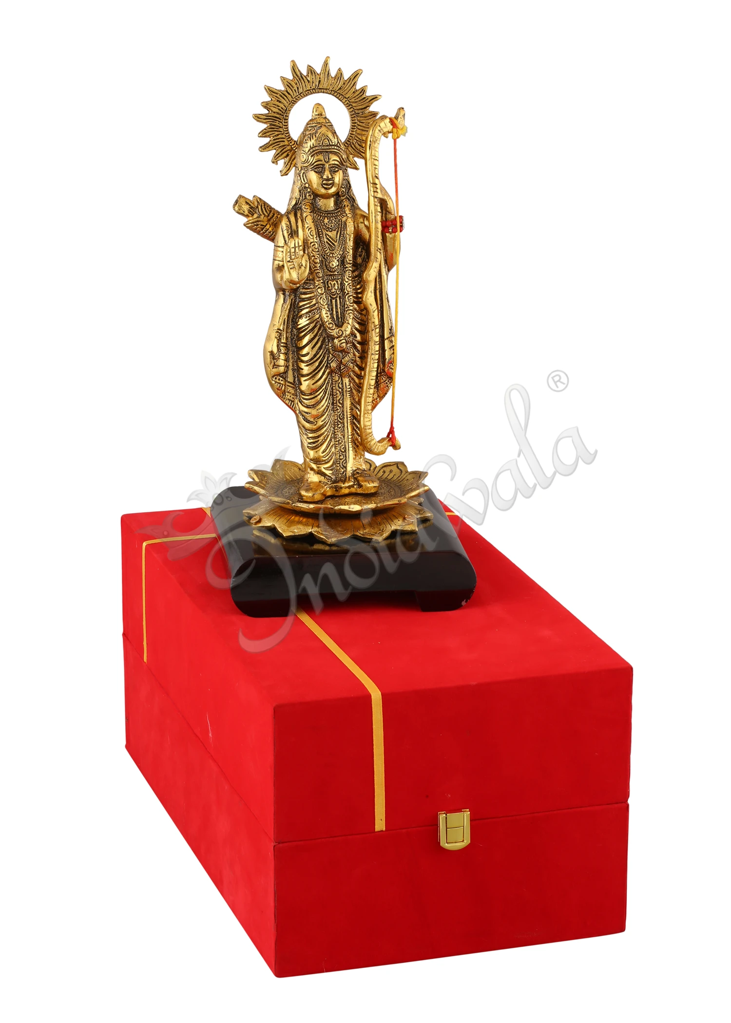 14 Inch Gold Plated Aluminium Ram Ji Statue on a dark wooden base