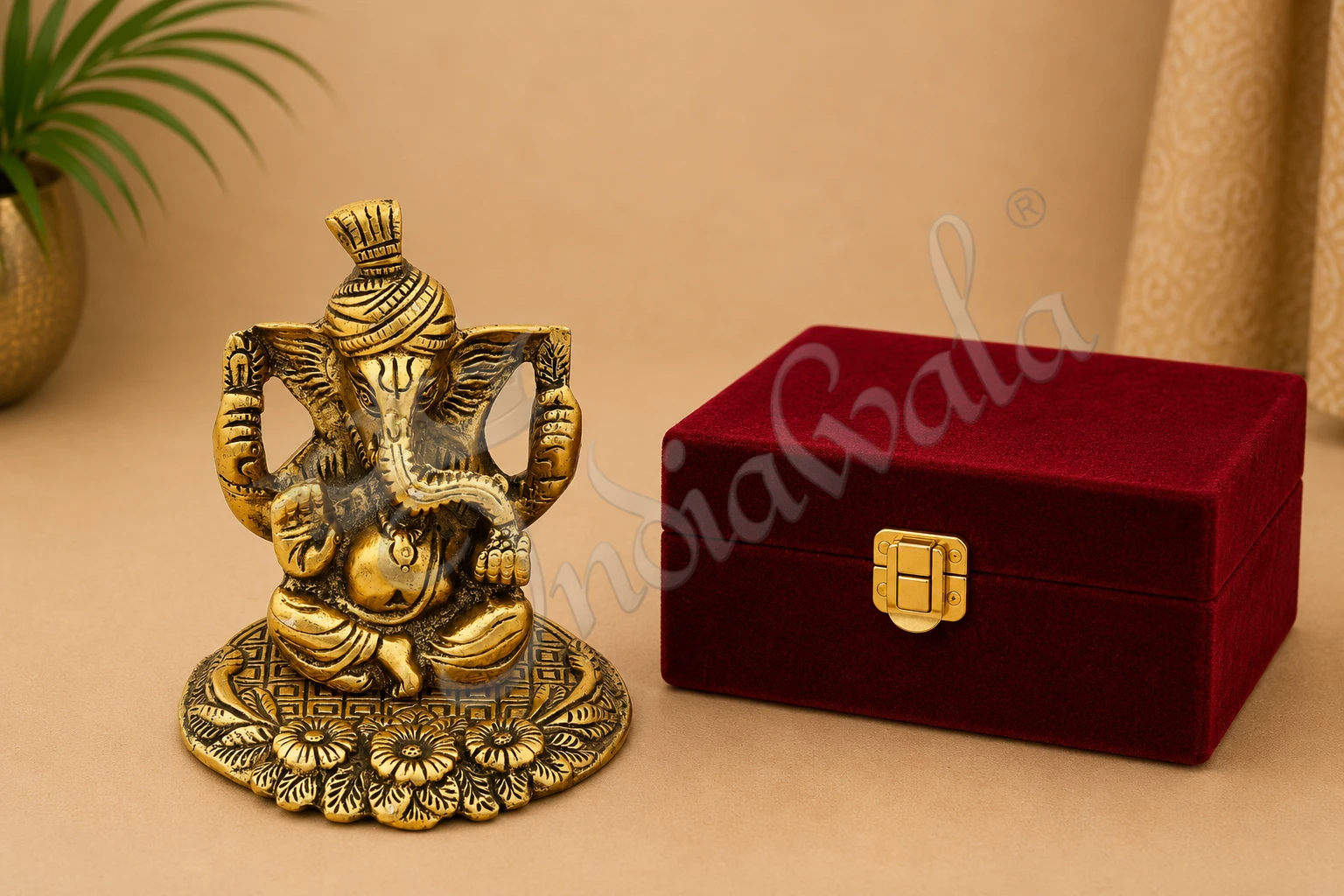 INW-15306-2 Gold Plated Aluminium Radha Krishna Peacock Idol on a polished wooden base.