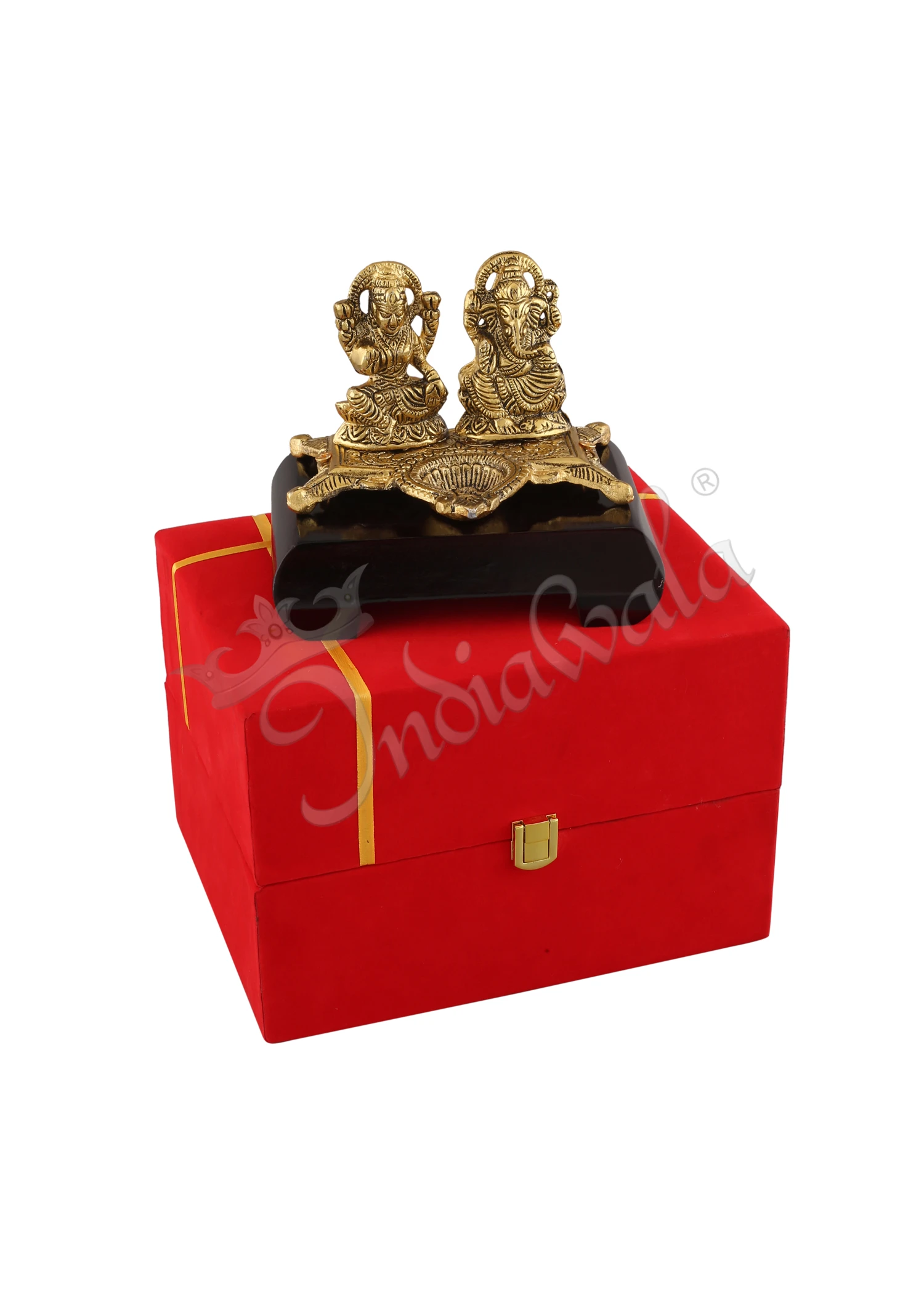 INW-15307-1 Gold Plated Aluminium Lakshmi Ganesh Wooden Base Statue with premium velvet box packaging