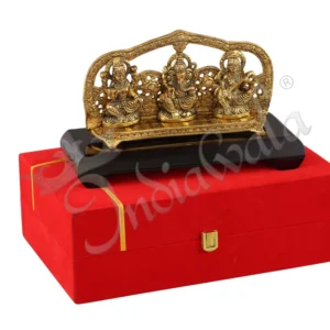 Gold Plated Lakshmi Ganesh Saraswati Wooden Base Statue