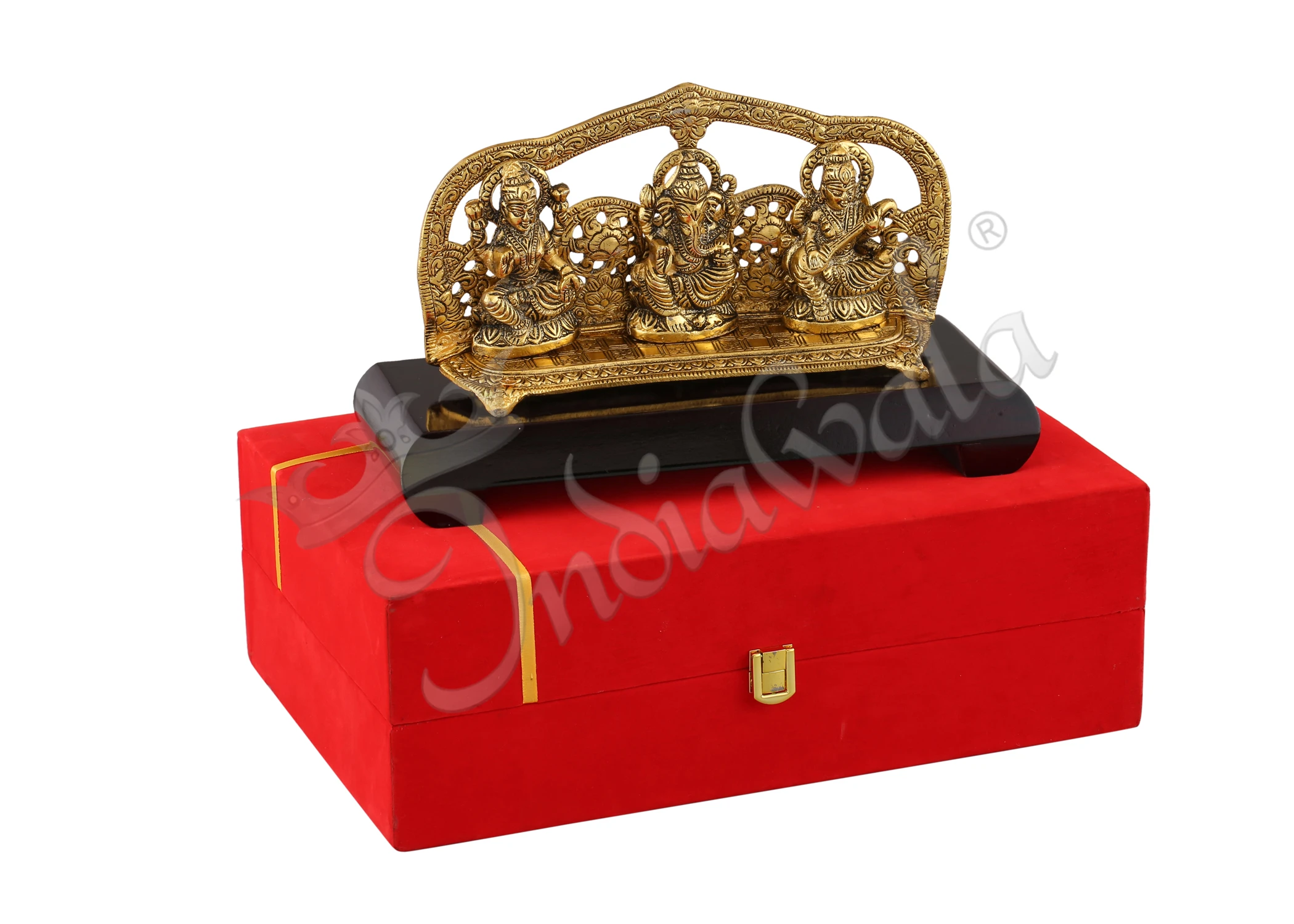 Gold Plated Lakshmi Ganesh Saraswati Wooden Base Statue