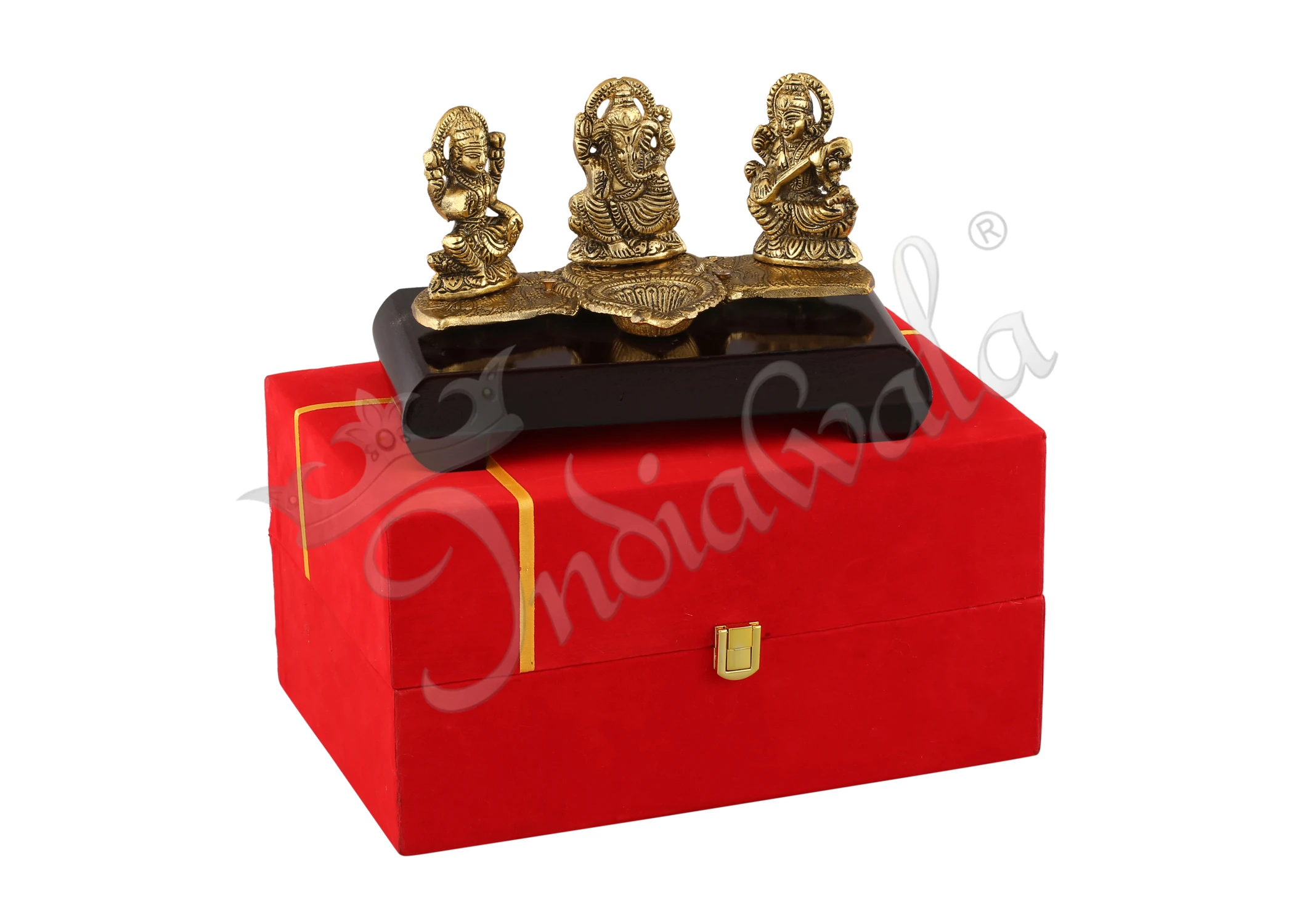 INW-15309-1 Gold Plated Lakshmi Ganesh Saraswati Diya on a wooden base