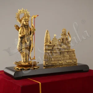Gold Plated Aluminium Ram Mandir Temple on a sturdy wooden base