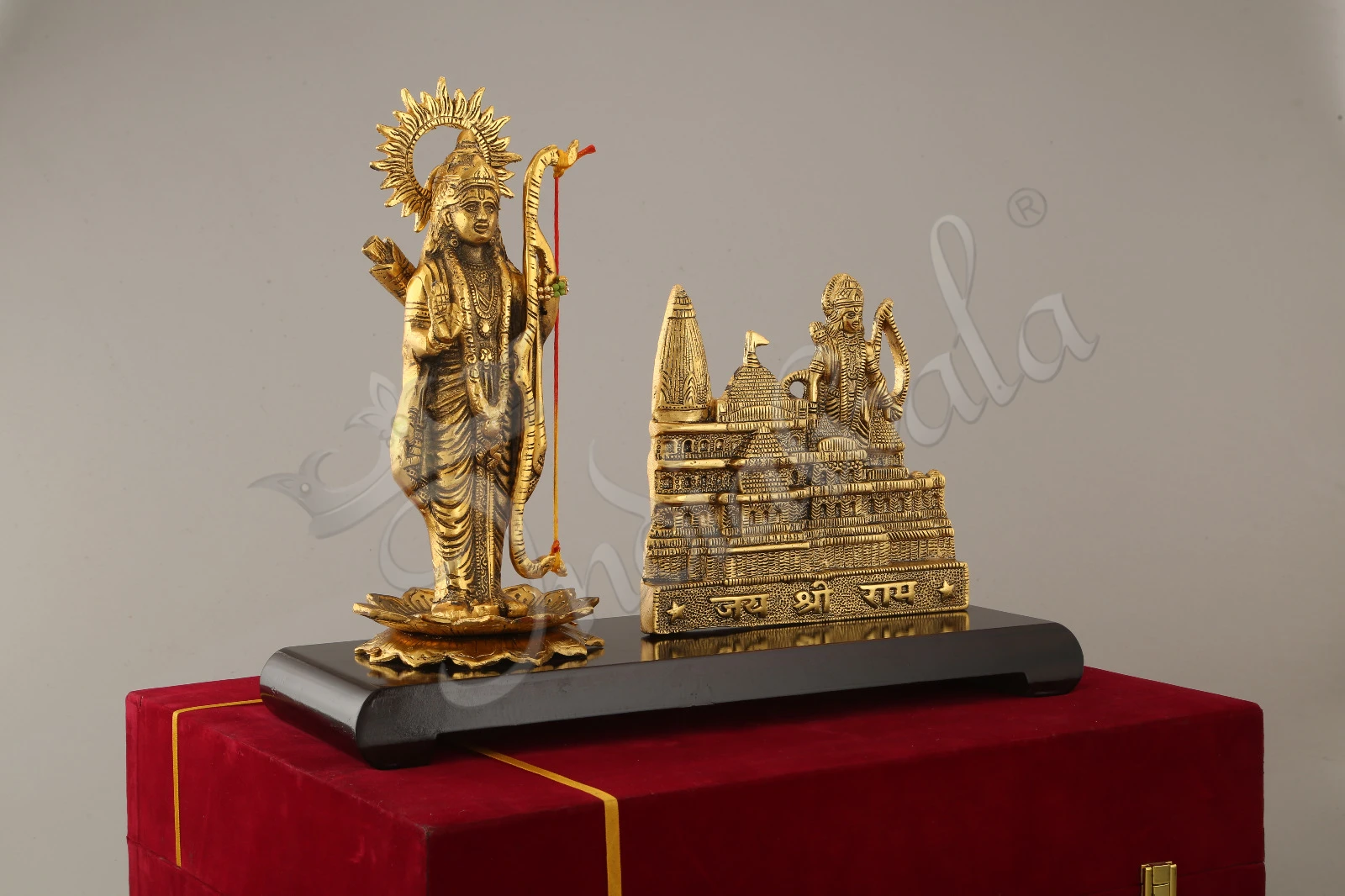 INW-15310-1 Gold Plated Aluminium Ram Mandir Temple on a sturdy wooden base