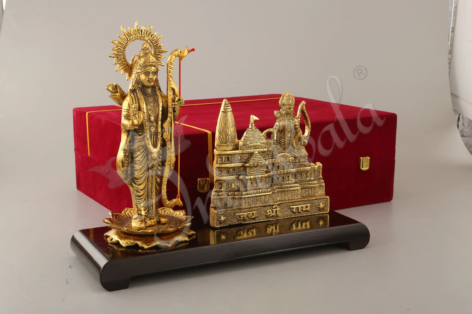 INW-15310_1-1 Gold Plated Aluminium Ram Mandir Temple on a sturdy wooden base