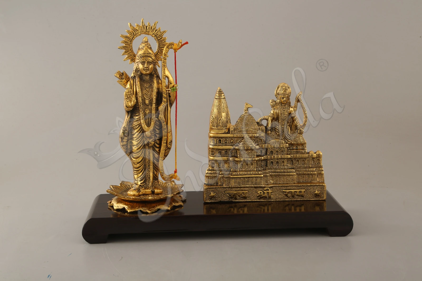 INW-15312 16 Inch Gold Plated Ram Mandir on Wooden Base
