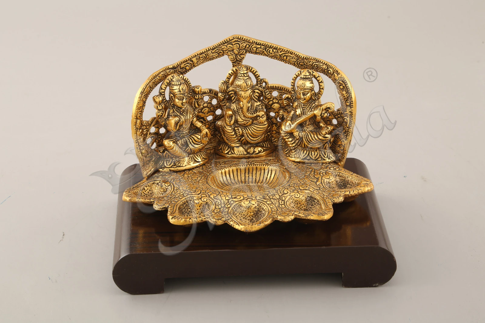 INW-15314 Gold Plated Deep Lakshmi Ganesh Saraswati statue on a wooden base