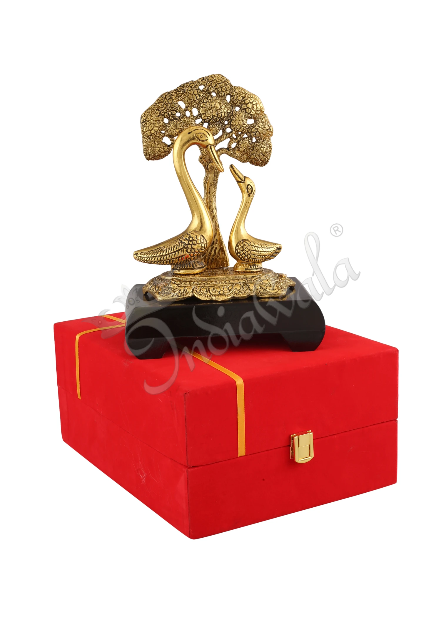 INW-15323 Gold Plated Aluminium Swan Tree Decor on a polished wooden base