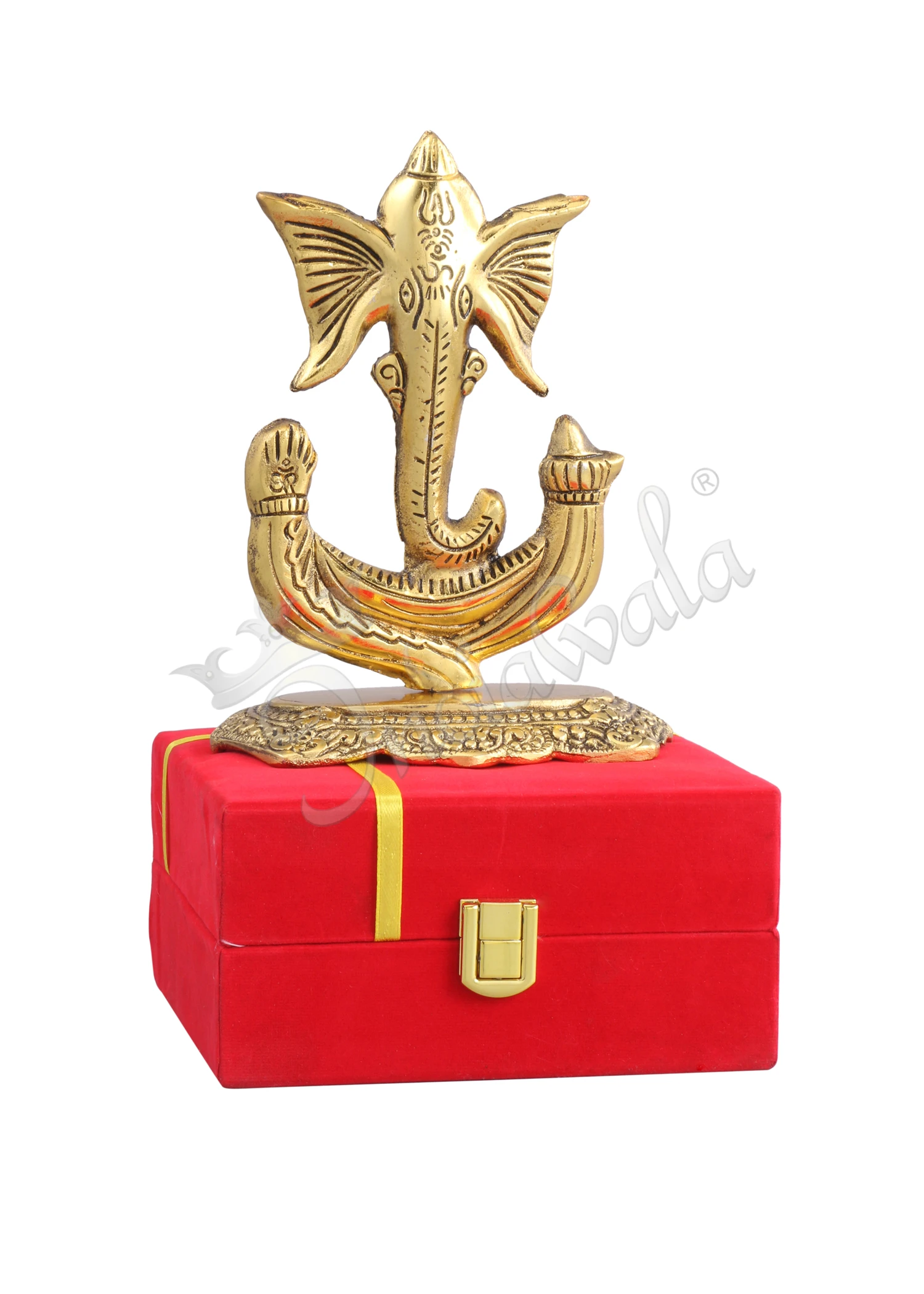 INW-15325-1 A beautifully crafted 5x6.5 Inch Gold Plated Aluminium Ganesh Gift Box in a velvet presentation case.