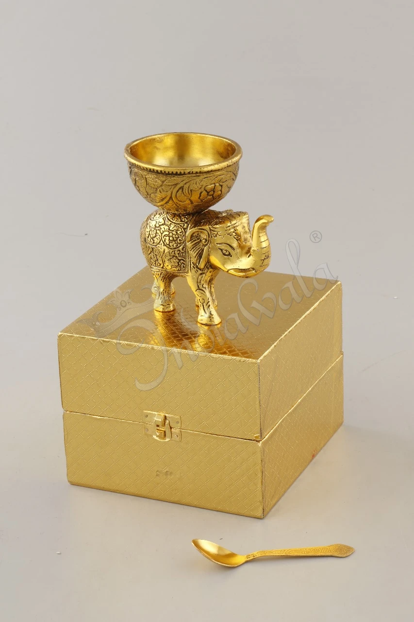 INW-15331 A luxurious Gold Plated Aluminium Elephant Gifting Bowl Set presented in a velvet box.
