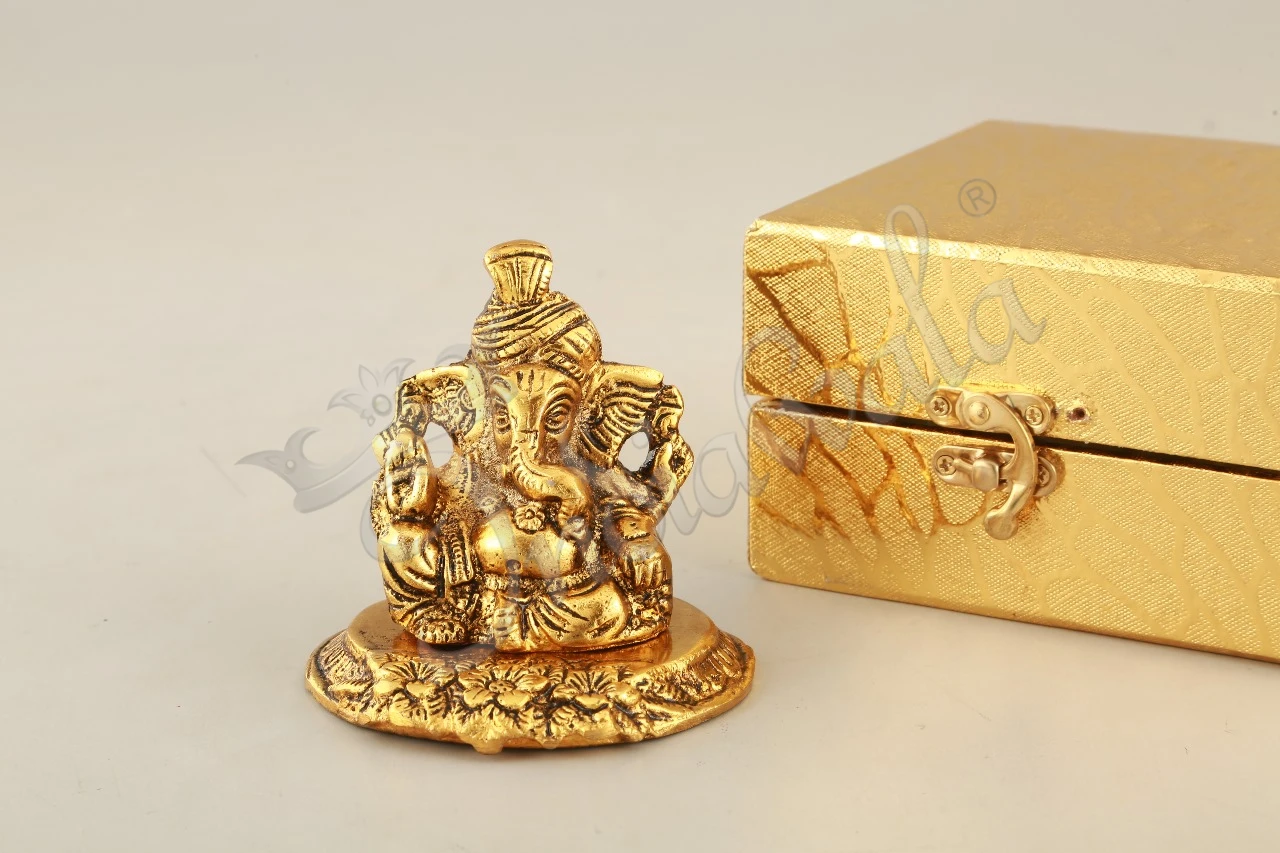 INW-15335 3 Inch Gold Plated Aluminium Pagdi Ganesh in a premium red velvet box