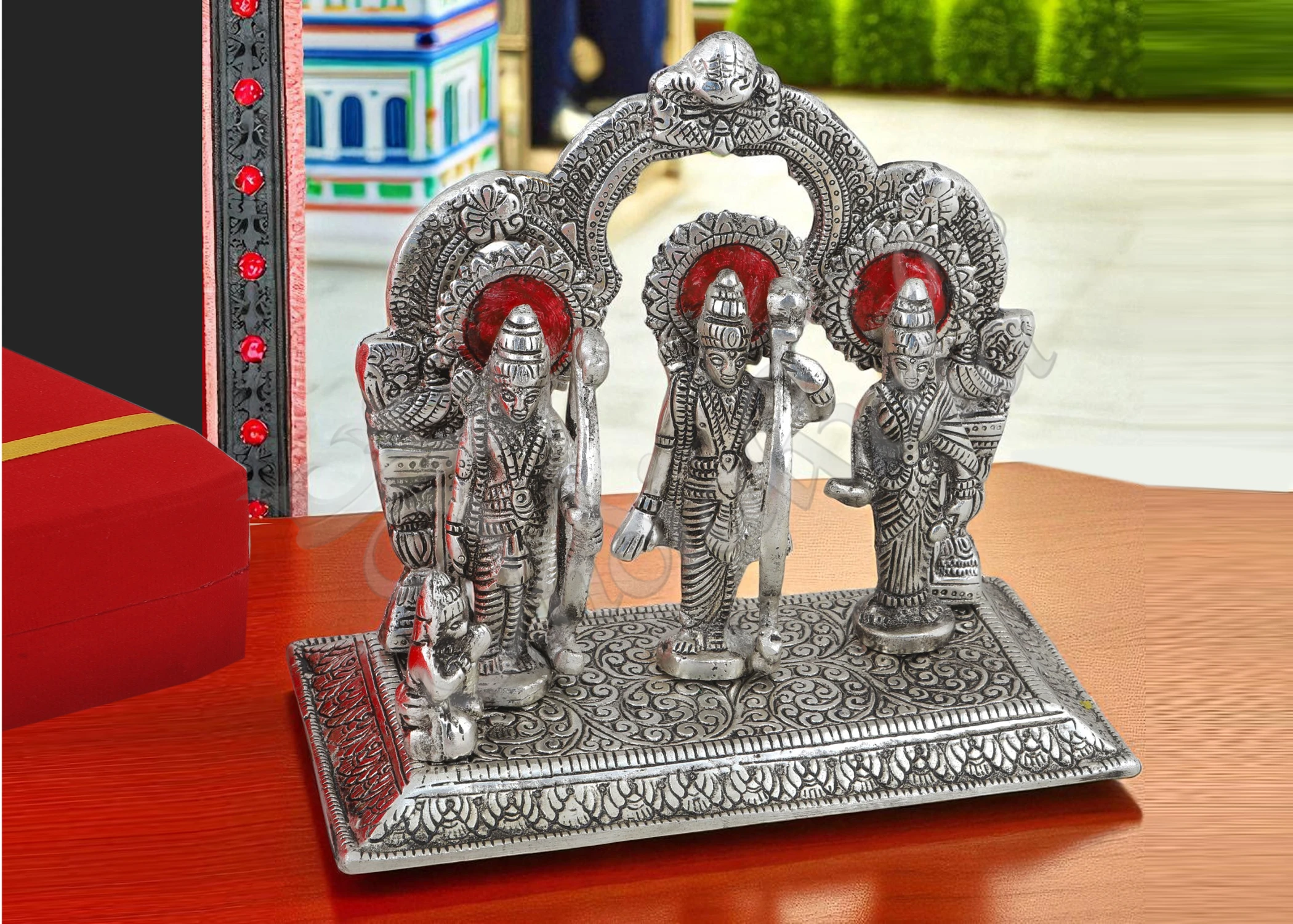 8x7 Inch Silver Plated Ram Darbar in a premium red velvet box