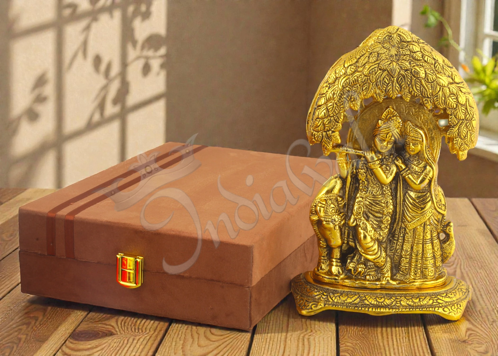 INW-15402 An 8.5 inch Gold Plated Aluminium Tree Radha Krishna Velvet Box Gift, showcasing divine love.