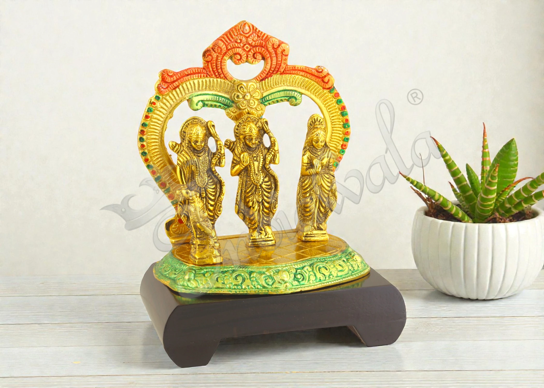 INW-15403 8 Inch Gold Plated Ram Darbar Gifting Statue on a polished wooden base