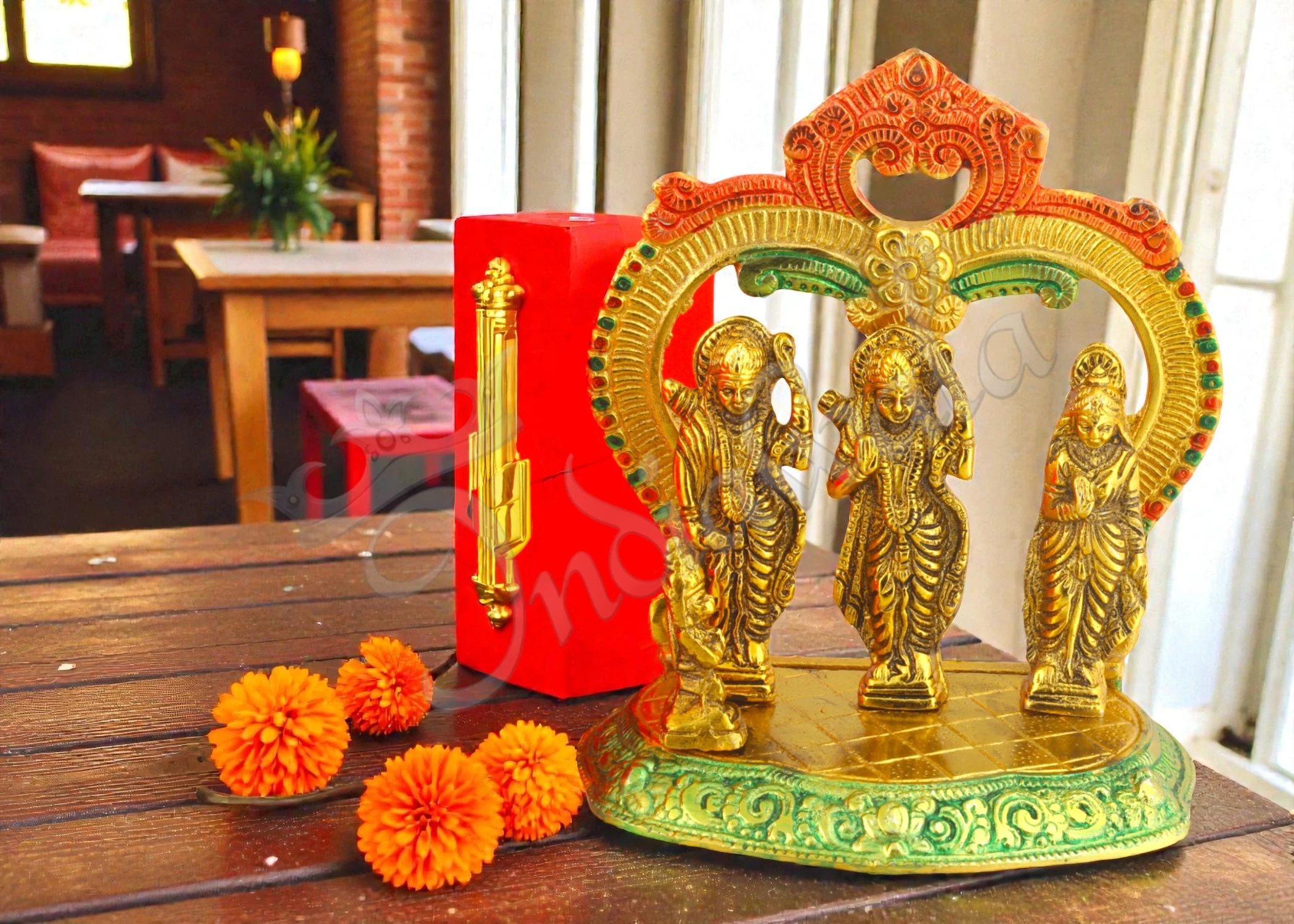 INW-15405 6.5 Inch Gold Plated Ram Darbar Gift Box in a red velvet packaging
