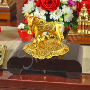 Gold Plated Kamdhenu Cow Calf On Wooden Base
