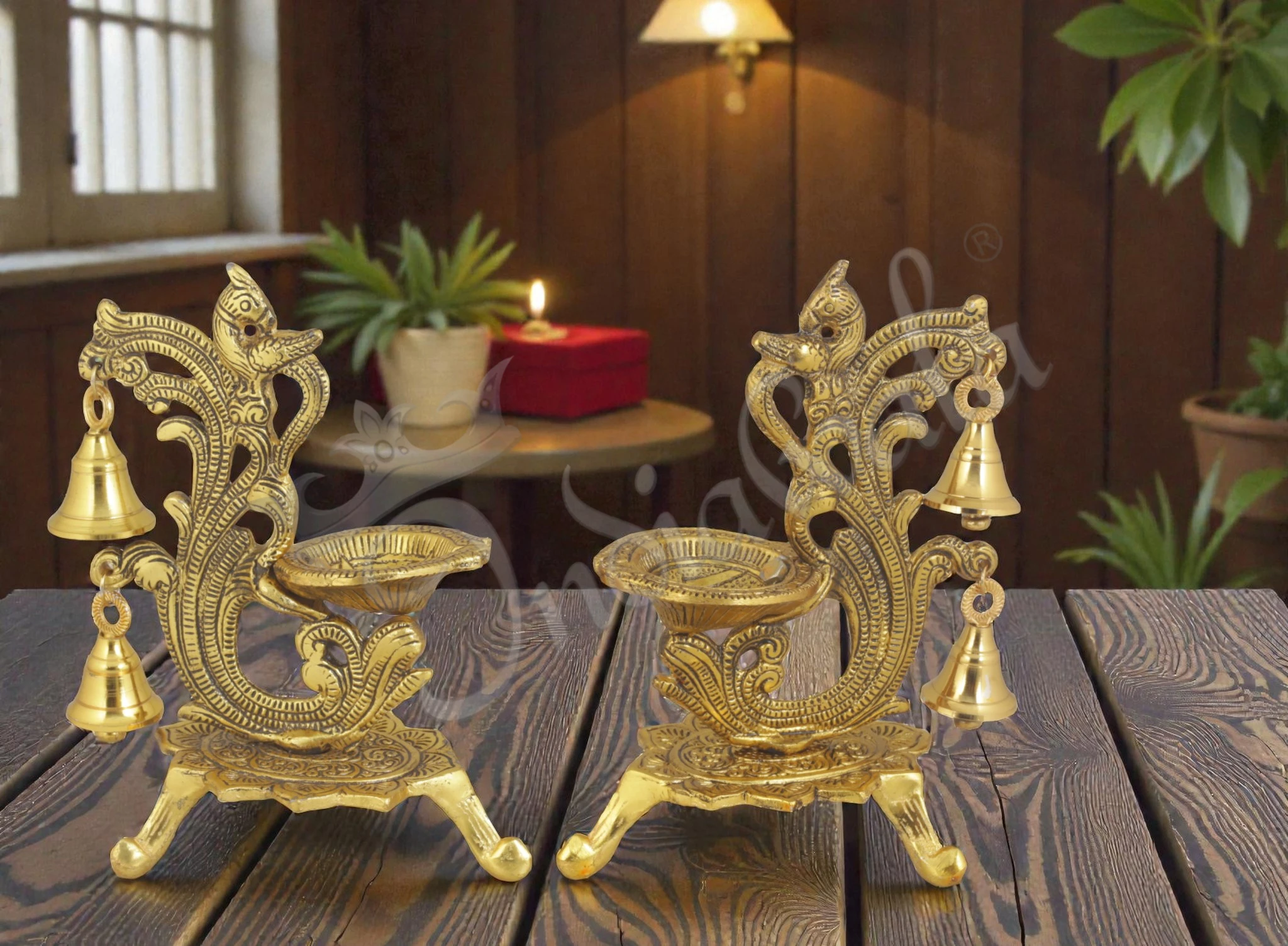 INW-15420-1 Gold Plated Aluminium Peacock Diya Stand Set