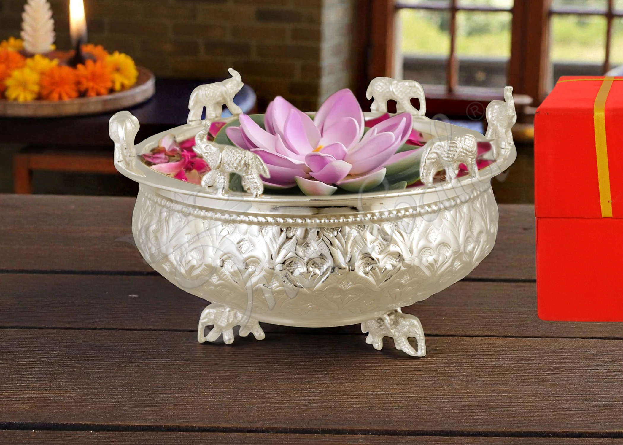 INW-15421 Elegant 8 Inch Silver Plated Brass Urli Pot for festive home decor