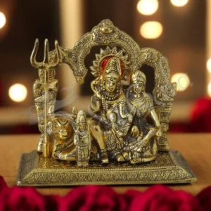 A beautifully detailed 8x7 Gold Plated Shiv Parivar Aluminium Statue for home temple decor.