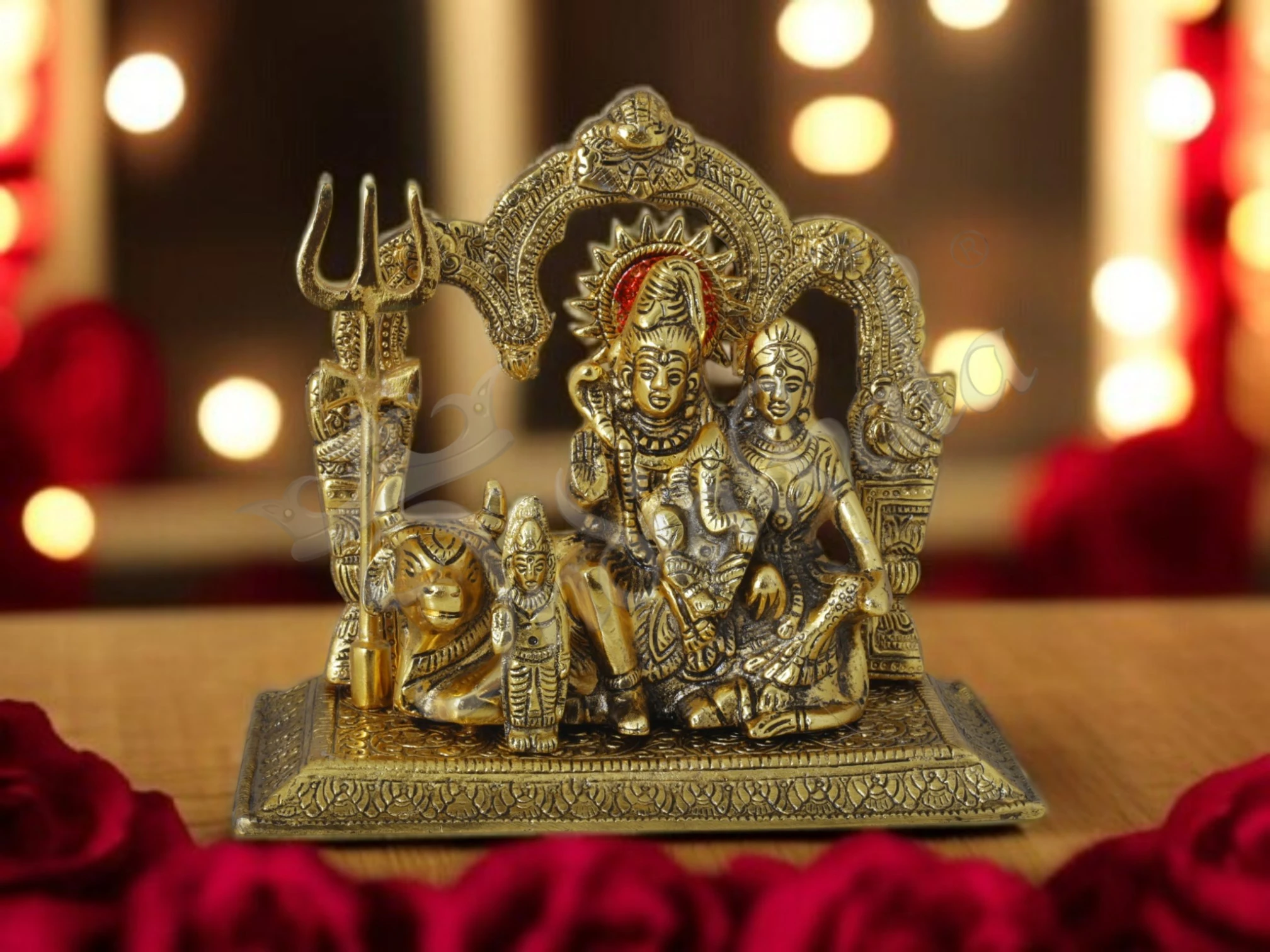 INW-15422 A beautifully detailed 8x7 Gold Plated Shiv Parivar Aluminium Statue for home temple decor.