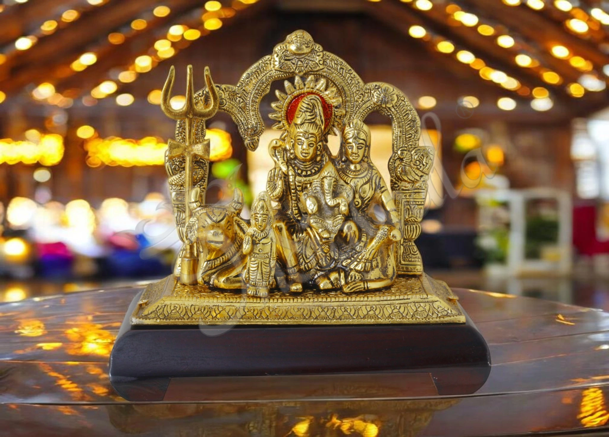 INW-15424 Gold Plated Shiv Parivar 9x8 Inch Idol on a sturdy wooden base