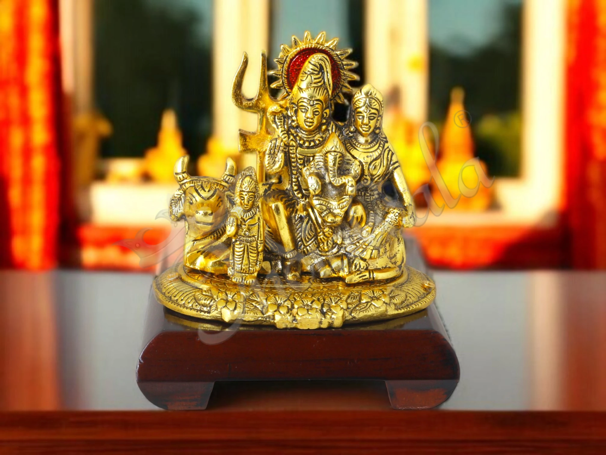 INW-15428 Aluminium Gold Plated Shiv Parivar Gifting Statue on a wooden base