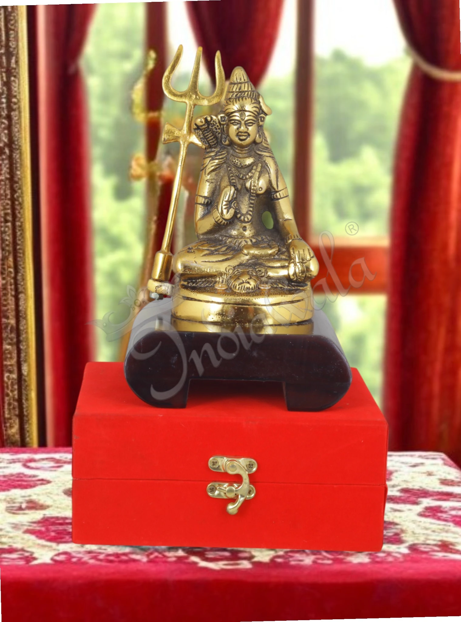 INW-15431 8 Inch Gold Plated Aluminium Shankar Ji Statue on a dark wooden base