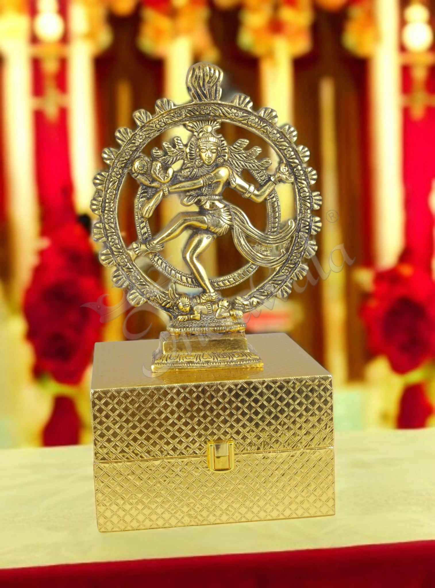 A beautiful Gold Plated Nataraj Statue in Velvet Box showcasing intricate craftsmanship.