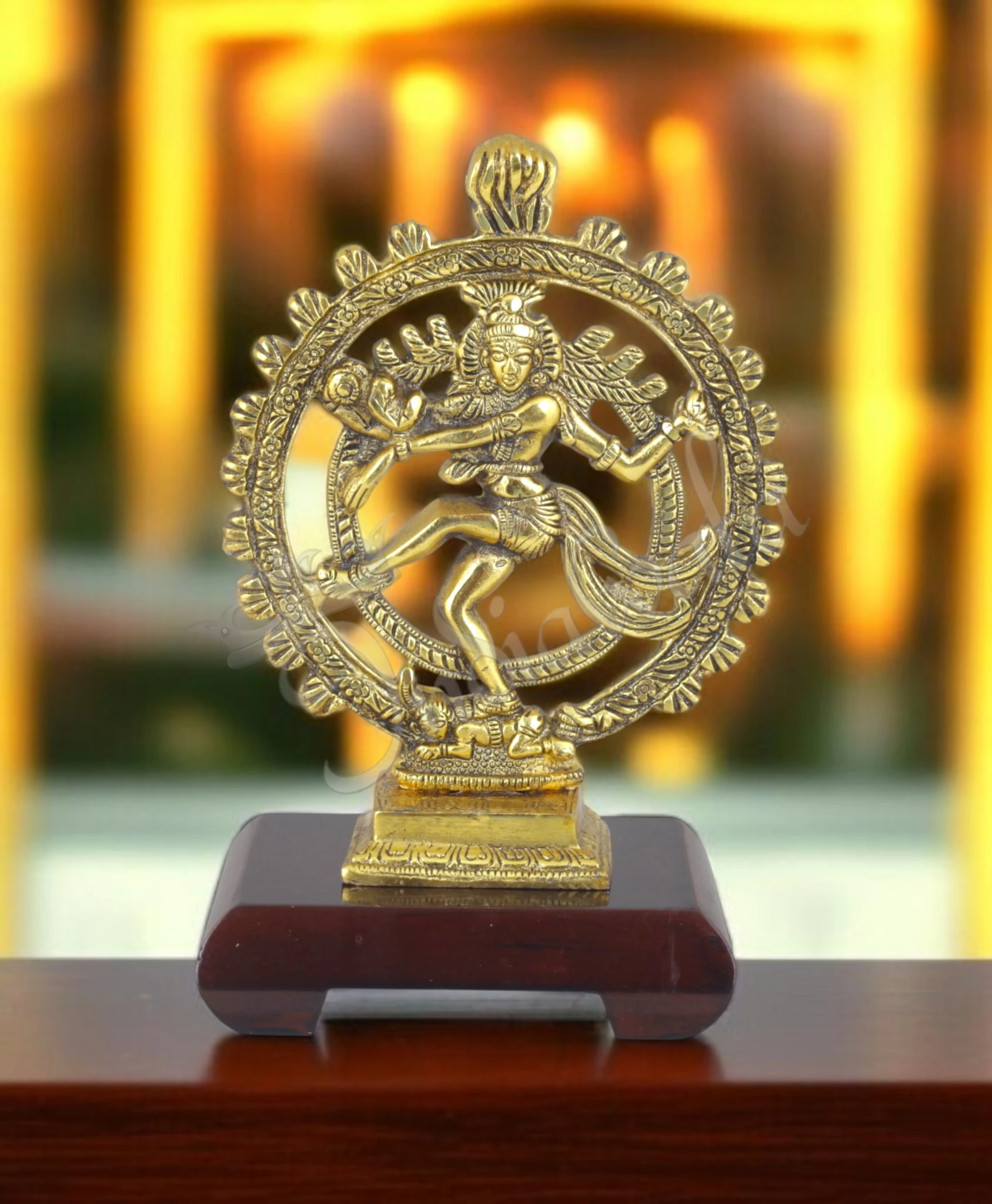 INW-15434 11.5 Inch Gold Plated Nataraj Statue on a polished wooden base