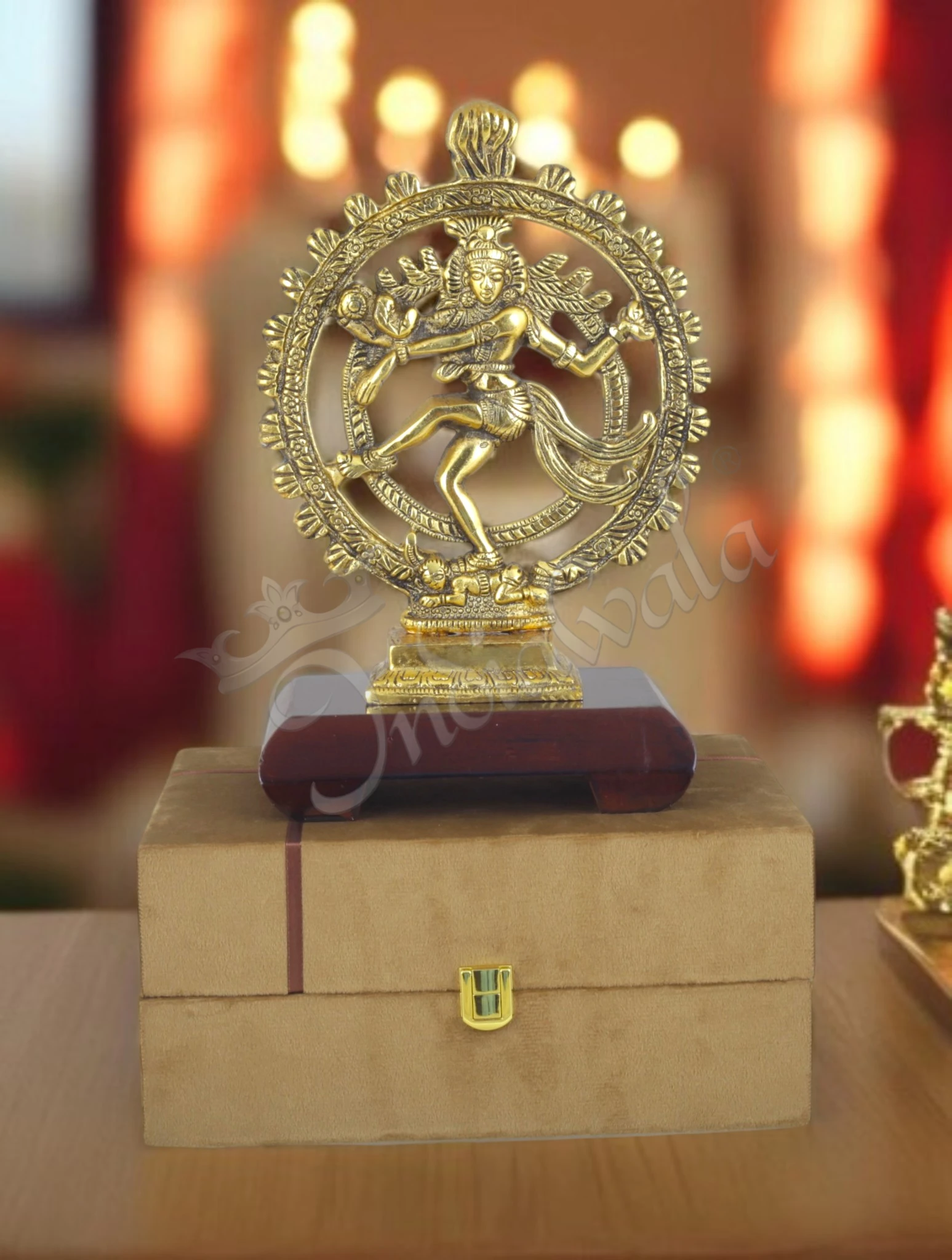 INW-15435 Gold Plated Aluminium Nataraj statue on wooden base