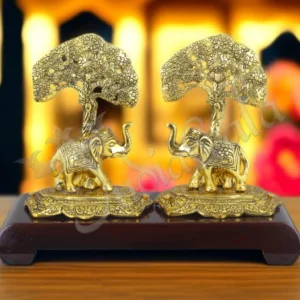 Handcrafted 11.5 Inch Gold Plated Elephant Statue on a wooden base