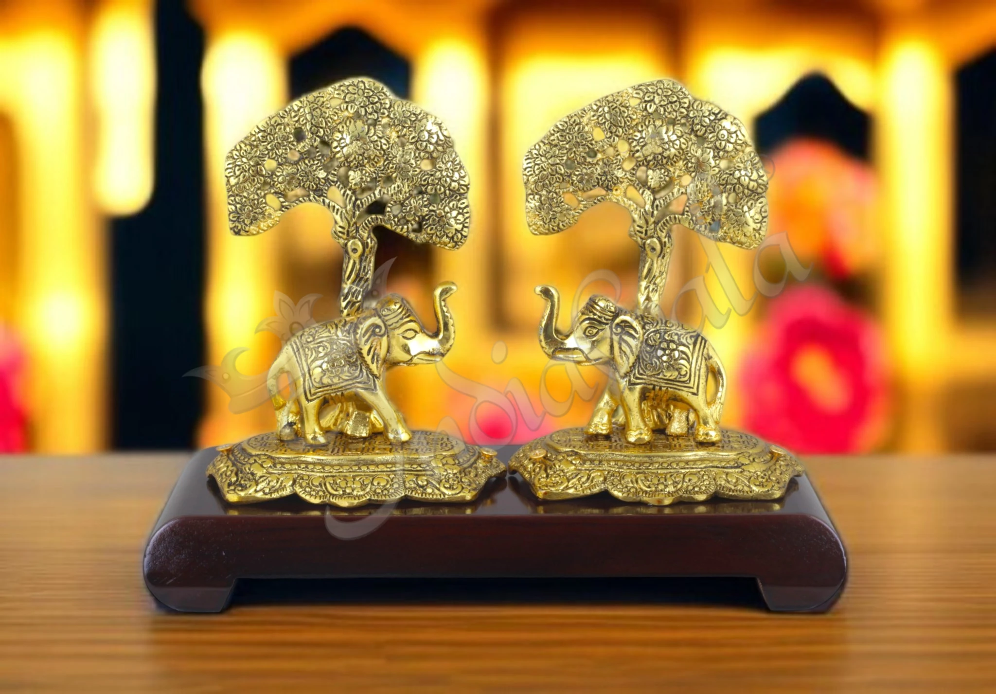 Handcrafted 11.5 Inch Gold Plated Elephant Statue on a wooden base