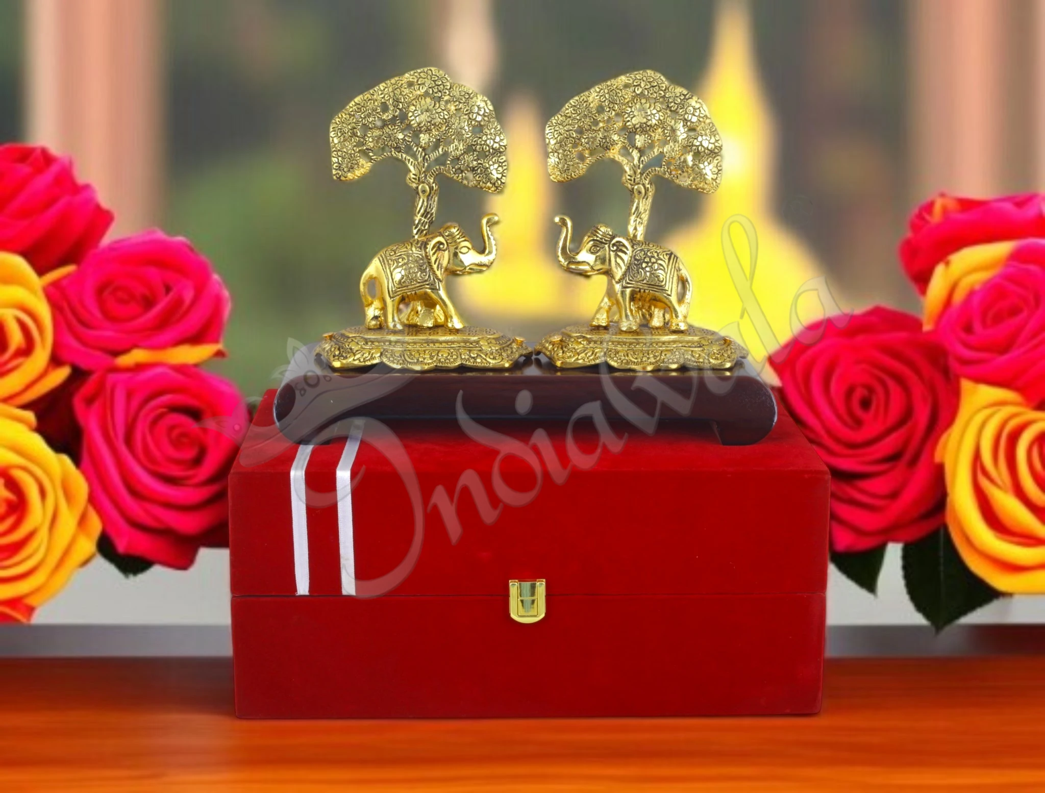 INW-15444 Gold Plated Elephant Wooden Base Statue in a premium velvet box packaging