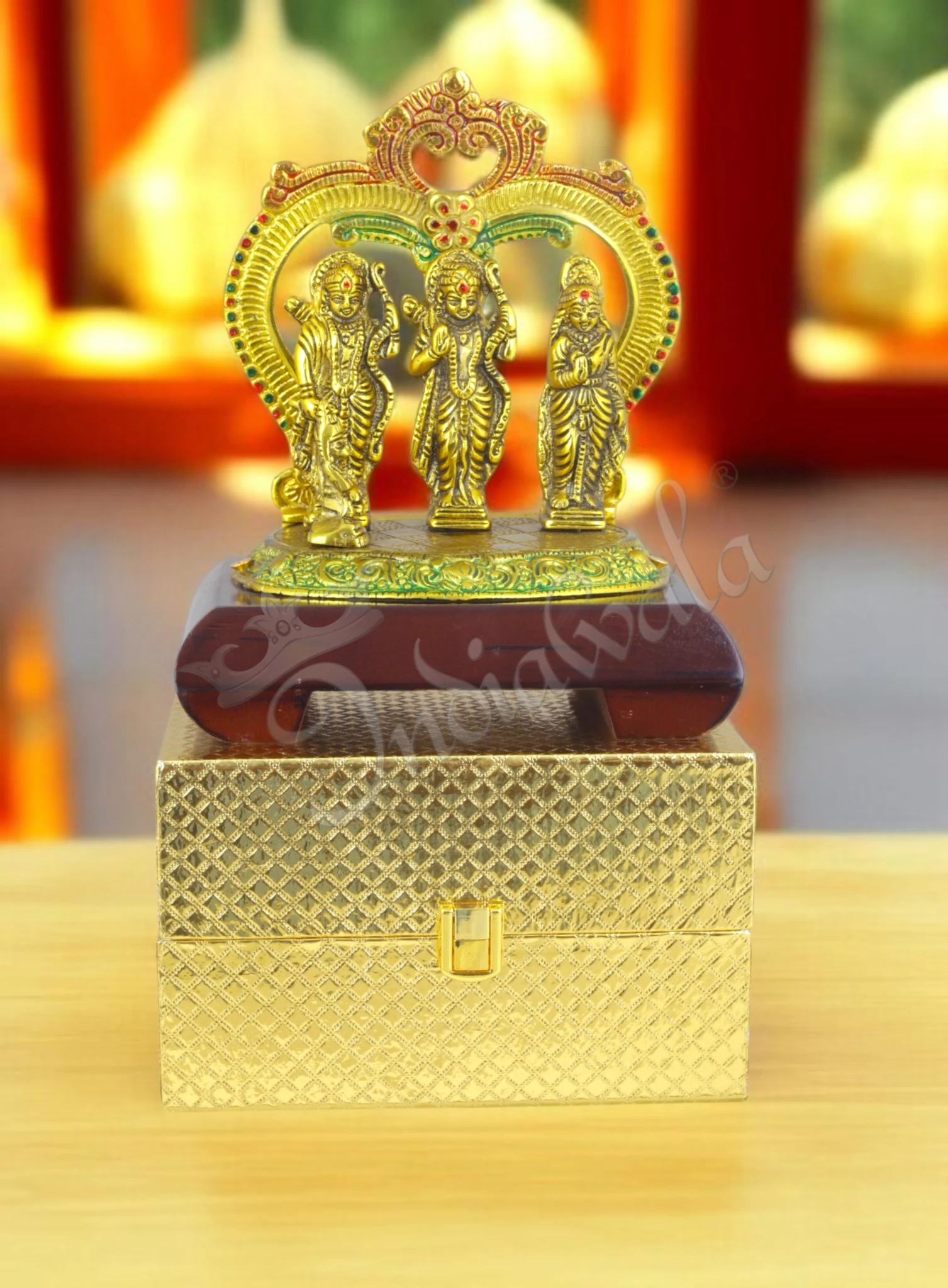 INW-15448 8.5 Inch Gold Plated Ram Darbar Statue on a wooden base