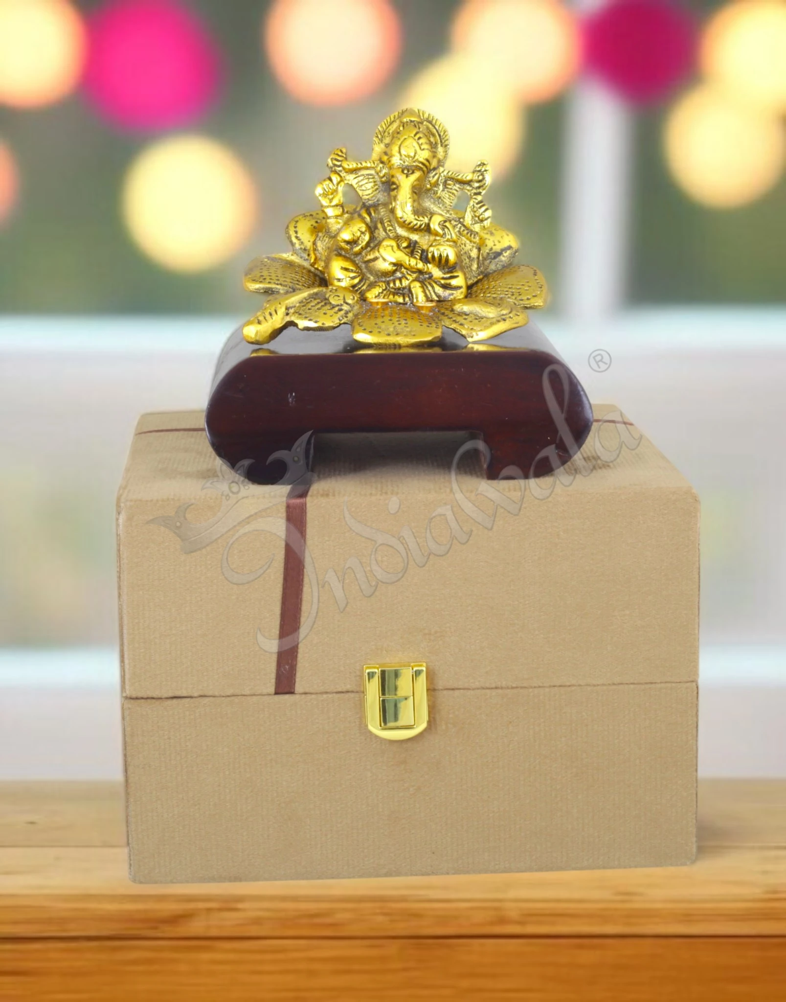 INW-15449-1 Gold plated Flower Ganesh Wooden Base idol for corporate gifting