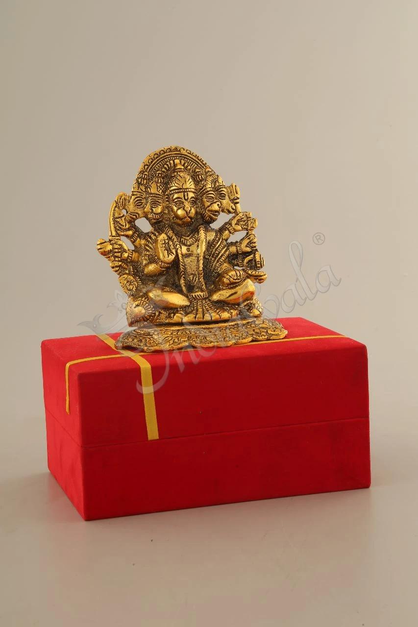 INW-15452 5.5 Inch Gold Plated Panchmukhi Hanuman Idol in a premium red velvet box